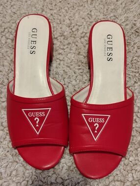 GUESS Red Open-Toe Slide Mules with Logo